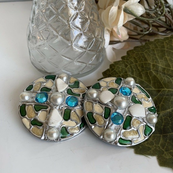 Vtg LA RAGE Mosaic Earrings Circles Gems Statement - Picture 7 of 9
